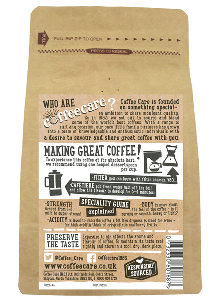 Back label of a 227g packet of Coffee Care’s Colombia Huila Fusion Ground Coffee. Instructions for Filter, V60, Chemex, Cafetiere.