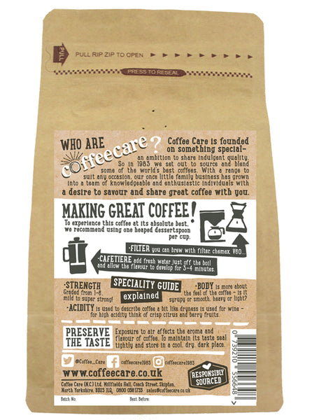 Back label of a 227g packet of Coffee Care’s Limited Edition Christmas Coffee from Nicaragua. Instructions for Filter, V60, Chemex, Cafetiere.