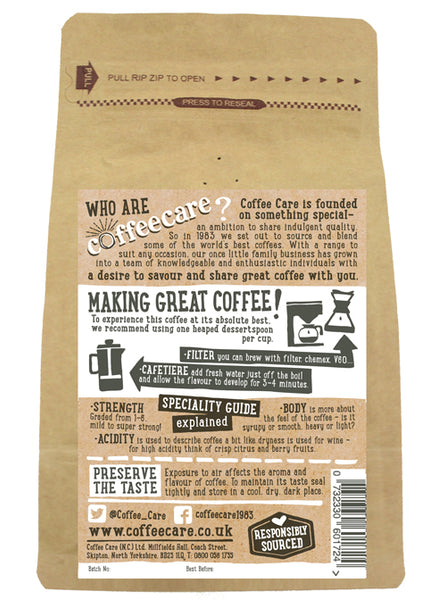 Back label of a 227g packet of Coffee Care’s Deliciously Decaf Ground Coffee. Instructions for Filter, V60, Chemex, Cafetiere.
