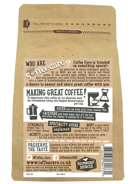 Back label of a 227g packet of Coffee Care’s Guatemalan Maragogype Ground Coffee. Instructions for Filter, V60, Chemex, Cafetiere.