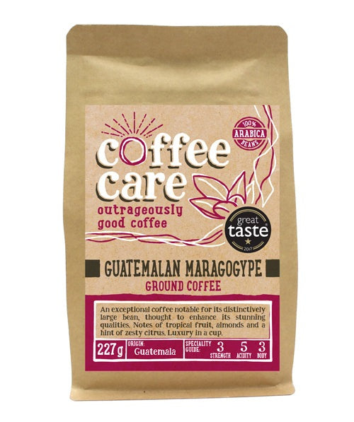 A 227g kraft packet of Coffee Care’s Guatemalan Maragogype ground coffee. Pink label ground for filter & cafetiere. Freshly ground Guatemalan Coffee. 100% Arabica. Great Taste Award Winner 2017
