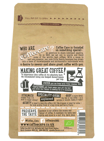 Back label of a 227g packet of Coffee Care’s Peruvian Etico Ground Coffee. Instructions for Filter, V60, Chemex, Cafetiere.