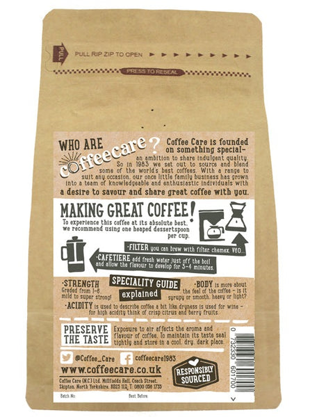 Back label of a 227g packet of Coffee Care’s Rift Valley Ground Coffee. Instructions for Filter, V60, Chemex, Cafetiere.