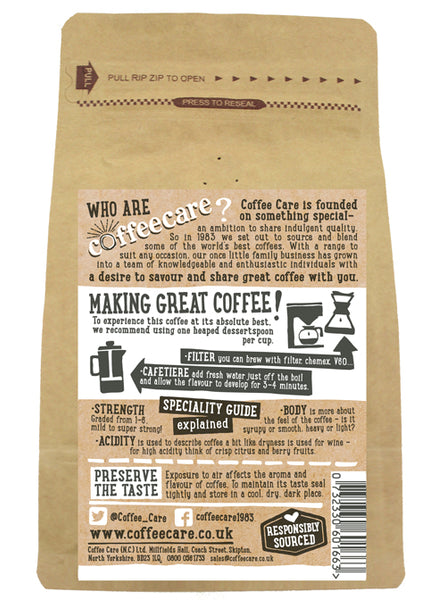 Back label of a 227g packet of Coffee Care’s Viennese Supreme Ground Coffee. Instructions for Filter, V60, Chemex, Cafetiere.
