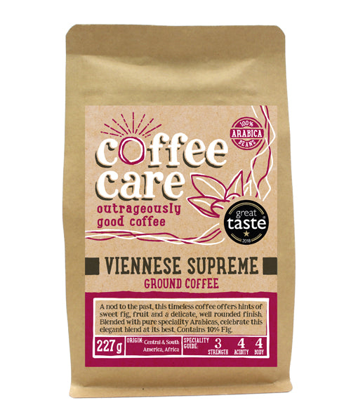 A 227g kraft packet of Coffee Care’s Viennese Supreme ground coffee. Pink label ground for filter & cafetiere. Freshly roasted & ground Central, South America & Africa Coffee. 100% Arabica. Great Taste Award Winner 2018