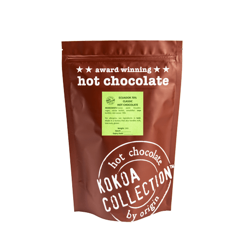 Kokoa Collection 1 kilo brown bag of award winning hot chocolate from Ecuador, 70% Cocoa, Classic Hot Chocolate