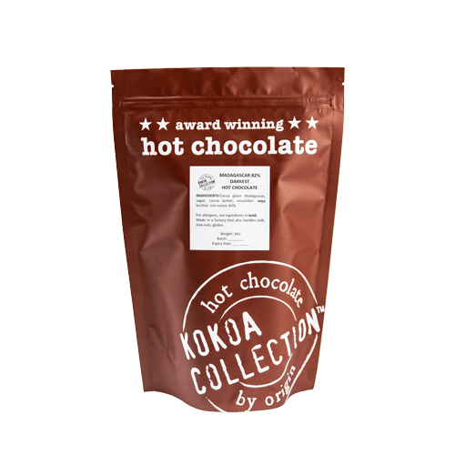 Kokoa Collection 1 kilo brown bag of award winning hot chocolate. Madagascar 82% Cocoa hot chocolate pebbles