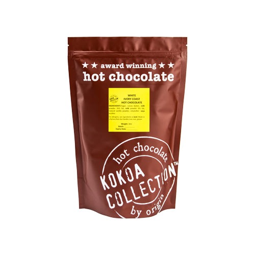 Kokoa Collection 1 kilo brown bag of award winning hot chocolate. Ivory Coast, white hot chocolate pebbles