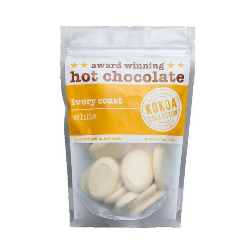 Kokoa Collection 250g clear packed with yellow band. Award winning hot chocolate. Ivory coast white hot chocolate pebbles