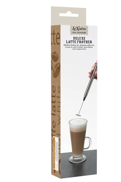 The box for a Le'Xpress slimline chrome frother for whipping milk and cream to add to your lattes, macchiatos, cappuccinos and hot chocolates.