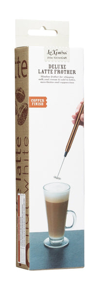 The box for a slimline copper frother for whipping milk and cream to add to your lattes, macchiatos, cappuccinos and hot chocolates.