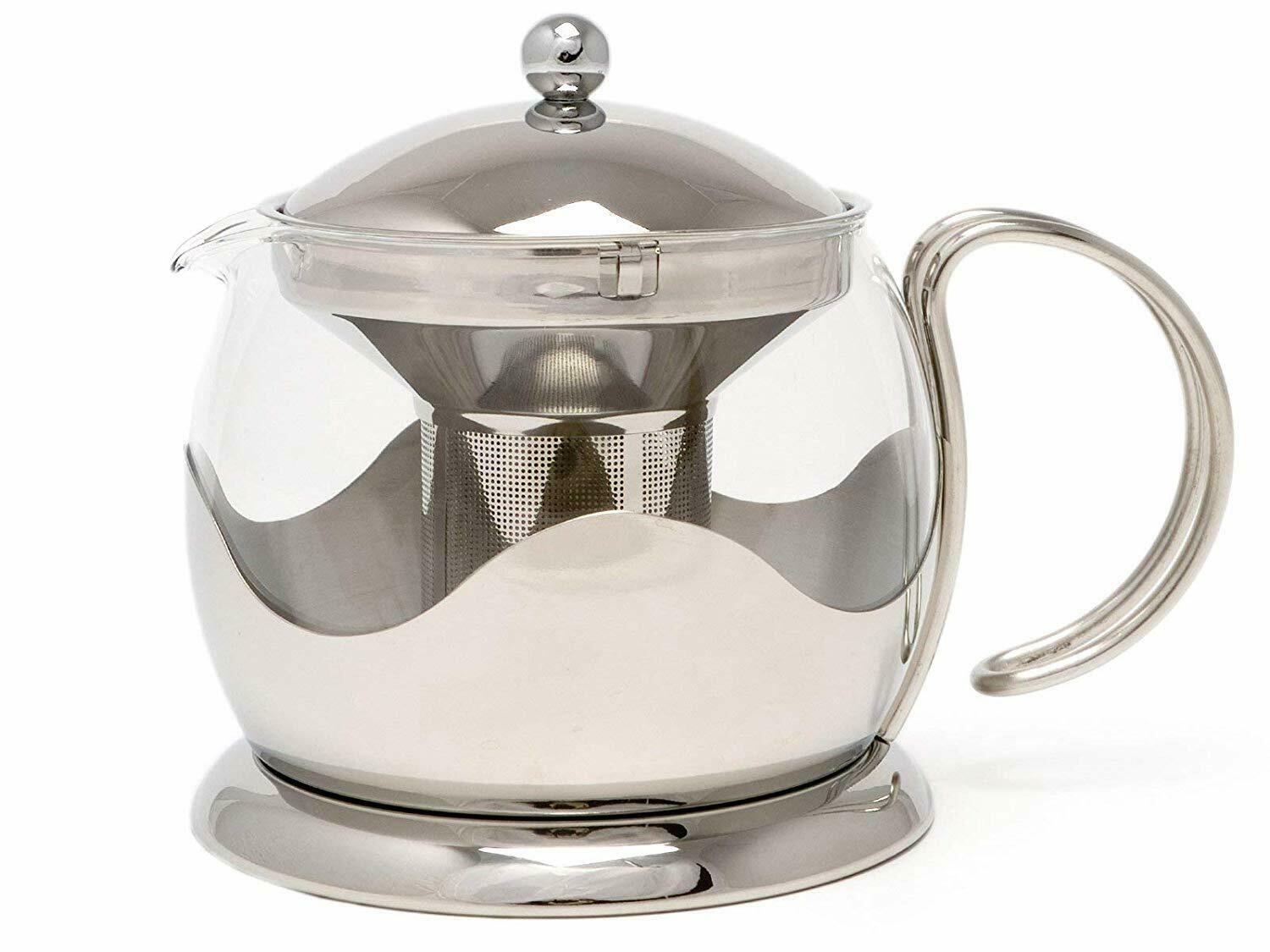 A 660ml Stainless Steel and glass teapot from La Cafetiere. Includes a stainless steel tea infuser or filter inside