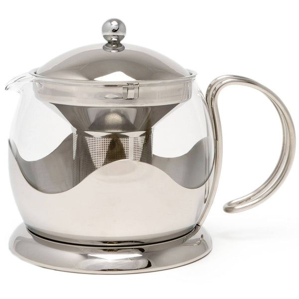 A 1200ml Stainless Steel and glass teapot from La Cafetiere. Includes a stainless steel tea infuser or filter inside