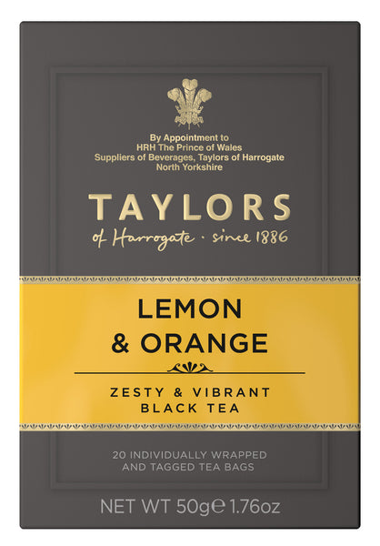 A small grey cardboard box with 20 individually wrapped and tagged Taylors of Harrogate Lemon & Orange. Orange label – Zesty & vibrant black tea