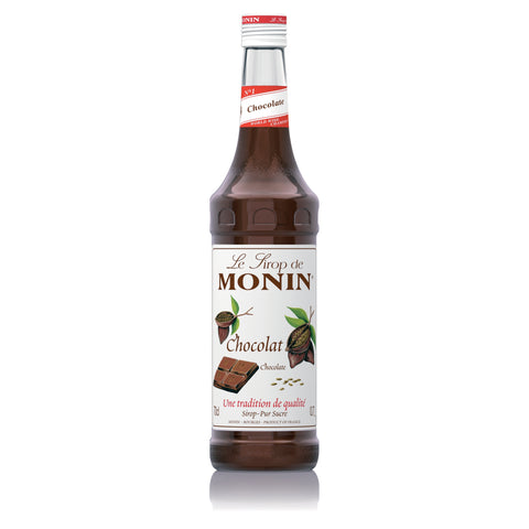 A 70cl glass bottle of MONIN Chocolate Syrup. 