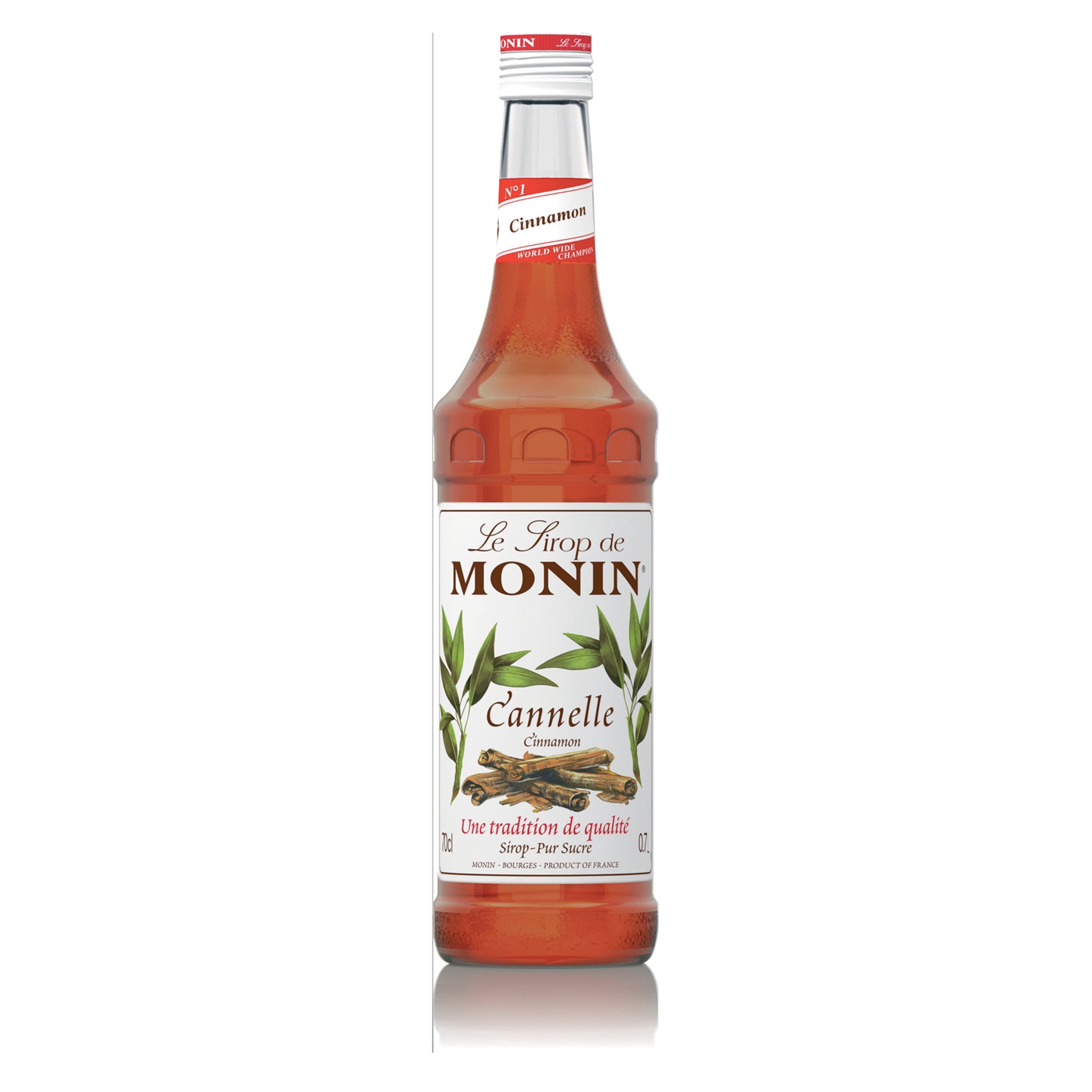 A 70cl glass bottle of MONIN Cinnamon (Cannelle) Syrup. 