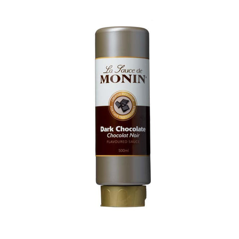 500ml bottle of MONIN Dark Chocolate flavoured sauce. Le Sauce de MONIN squeezable bottle. Chocolat Noir