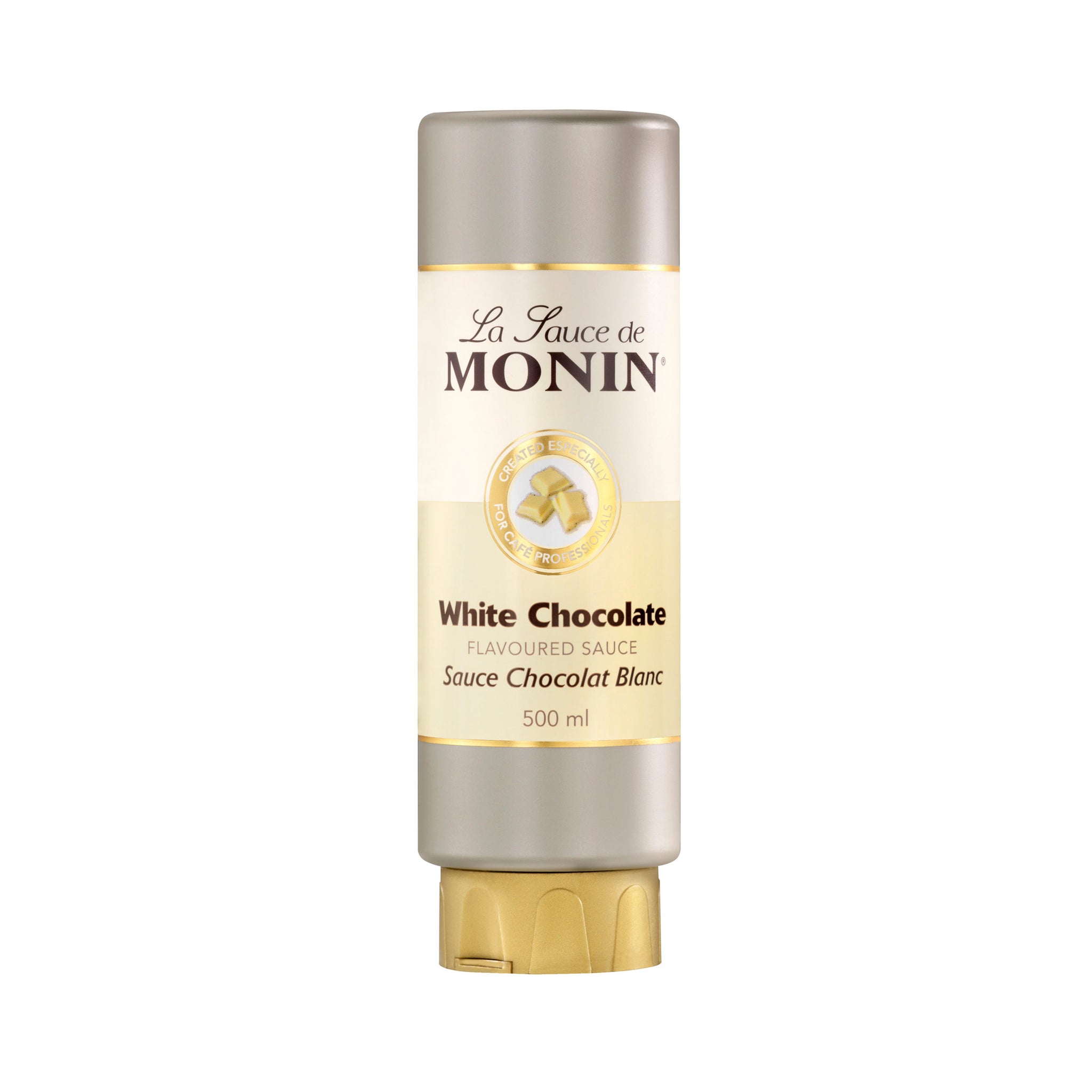 500ml bottle of MONIN White Chocolate flavoured sauce. Le Sauce de MONIN squeezable bottle. Sauce Chocolat Blanc