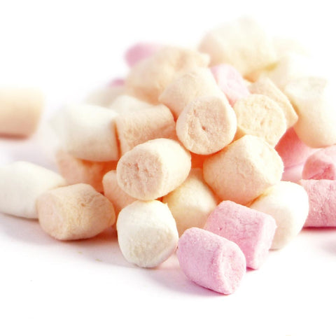 A kilo bag of Mini marshmallows in pink, white and orange.
