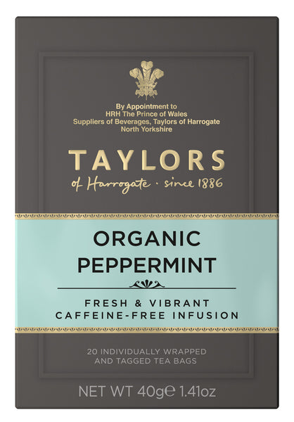 A small grey cardboard box with 20 individually wrapped and tagged Taylors of Harrogate Organic Peppermint. Light blue label – Fresh & vibrant caffeine free infusion