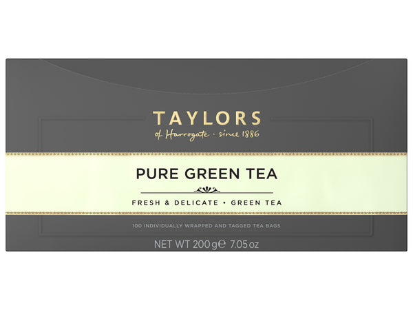 A large grey cardboard box with 100 individually wrapped and tagged Taylors of Harrogate Pure Green Tea. Light green label – Fresh & delicate green tea