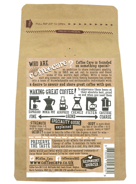 Back label of a 227g kraft packet of Coffee Care’s Brazil Cerrado Swiss Water Process Decaffeinated Coffee with instructions how to make coffee