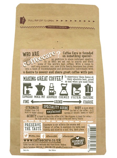 Back label of a 227g kraft packet of Coffee Care’s Limited Edition Christmas Coffee from Nicaragua. Whole coffee beans and with instructions how to make coffee