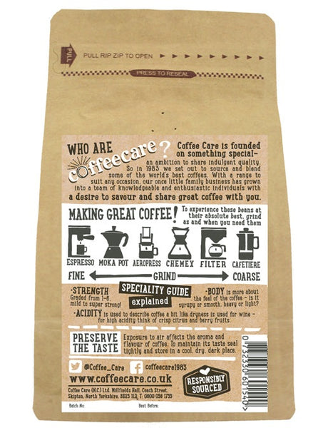 Back label of a 227g kraft packet of Coffee Care’s Colombian Special Roast coffee beans with instructions how to make coffee.