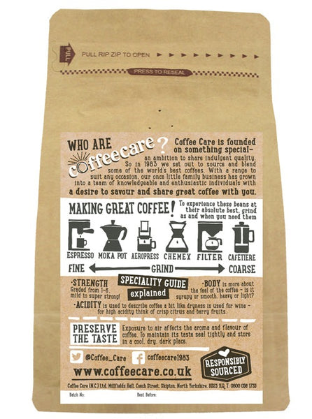 Back label of a 227g kraft packet of Coffee Care’s El Salvador Monte Sion Estate Coffee beans with instructions how to make coffee.
