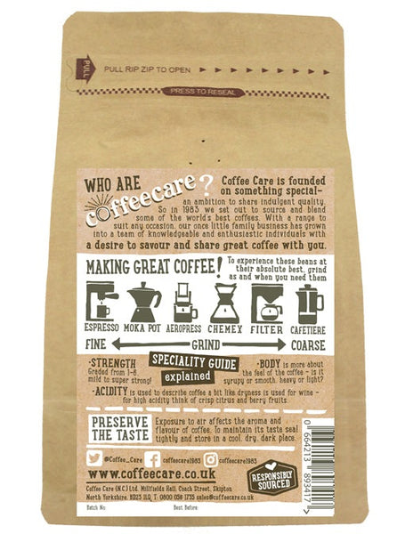Back label of a 227g kraft packet of Coffee Care’s Ethiopia Guji Coffee Beans with instructions how to make coffee