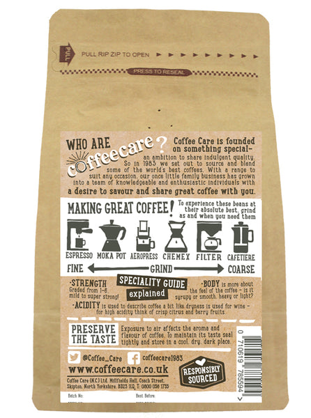 Back label of a 227g kraft packet of Coffee Care’s Guatemalan Maragogype Coffee beans with instructions how to make coffee.