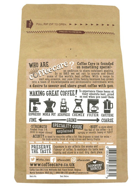 Back label of a 227g kraft packet of Coffee Care’s Kenya AA Coffee Beans with instructions how to make coffee
