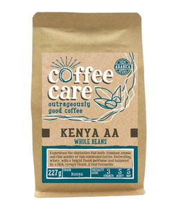 A 227g kraft packet of Coffee Care’s Kenya AA Coffee. Blue label for whole beans. Kenyan coffee. 100% Arabica whole beans