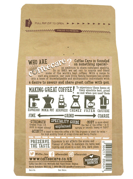 Back label of a 227g kraft packet of Coffee Care’s Lorenzo Blonde Coffee Beans with instructions how to make coffee