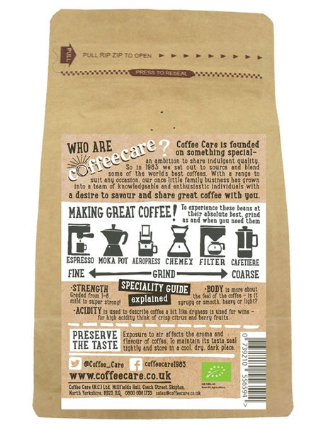 Back label of a 227g kraft packet of Coffee Care’s Peruvian Etico Coffee beans with instructions how to make coffee.
