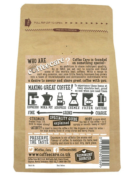 Back label of a 227g kraft packet of Coffee Care’s Three Peaks Coffee beans with instructions how to make coffee.