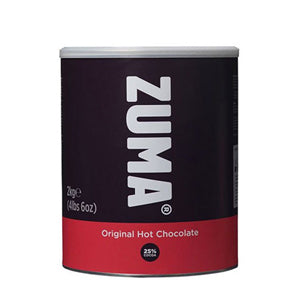 A red and brown metal 2kg tub of Zuma Original Hot Chocolate Powder. 25% Cocoa