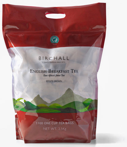 Large dark red and white poly bag of 1100 Birchall English breakfast one cup tea bags – Rainforest Certified, estate grown, East Africa’s finest tea