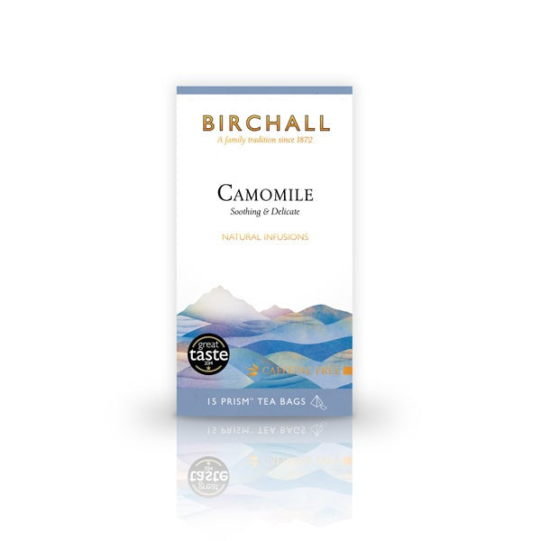 Front view of cardboard box of 15 Birchall Camomile prism tea bags. Blue hill graphics, soothing & delicate, natural infusions, caffeine free, great taste winner 2014