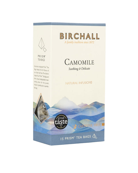 Side view of cardboard box of 15 Birchall Camomile prism tea bags. Blue hill graphics, soothing & delicate, natural infusions, caffeine free, great taste winner 2014.