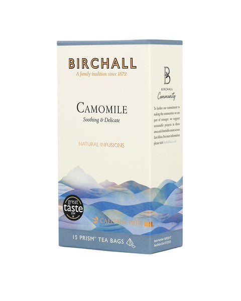 Right side view of cardboard box of 15 Birchall Camomile prism tea bags. Blue hill graphics, soothing & delicate, natural infusions, caffeine free, great taste winner 2014.