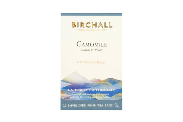 20 Birchall Camomile Prism Enveloped Tea Bags in a blue box. Soothing, delicate, natural infusion