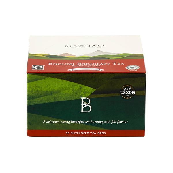 Hill graphics on a closed cardboard box of 50 Birchall English Breakfast enveloped tea bags. Fairtrade & Rainforest certified, a delicious strong breakfast tea bursting with full flavour. Great Taste winner 2014.