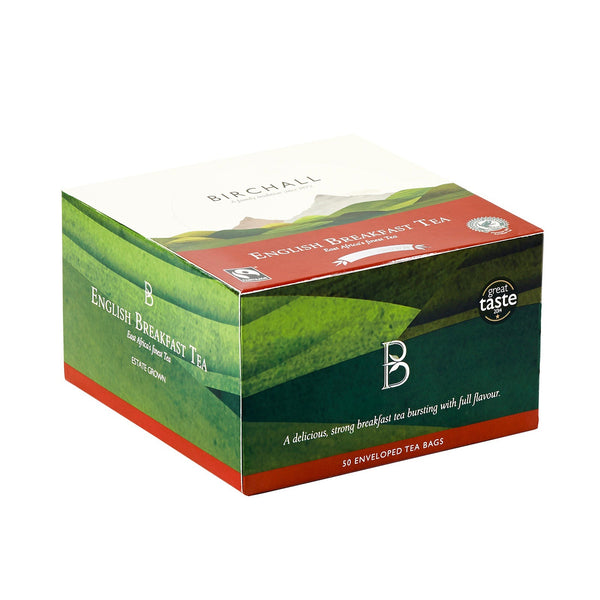 Side view of hill graphics on a closed cardboard box of 50 Birchall English Breakfast enveloped tea bags. Fairtrade & Rainforest certified, a delicious strong breakfast tea bursting with full flavour. Great Taste winner 2014.