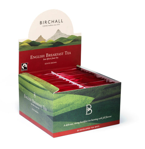 Side View of hill graphics on an open cardboard box of 50 Birchall English Breakfast enveloped tea bags. Fairtrade certified, a delicious strong breakfast tea bursting with full flavour.