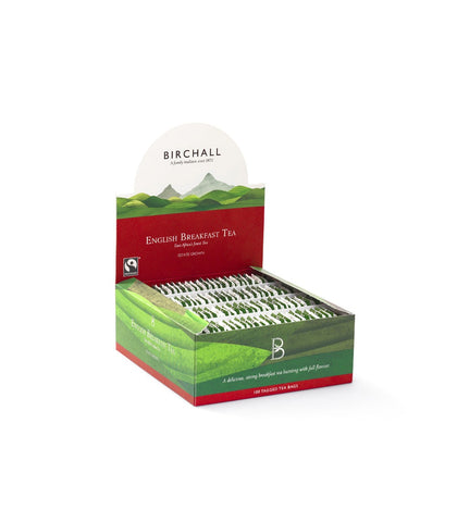 Side View of hill graphics on an open cardboard box of 100 Birchall English Breakfast tagged tea bags. Fairtrade certified, a delicious strong breakfast tea bursting with full flavour.