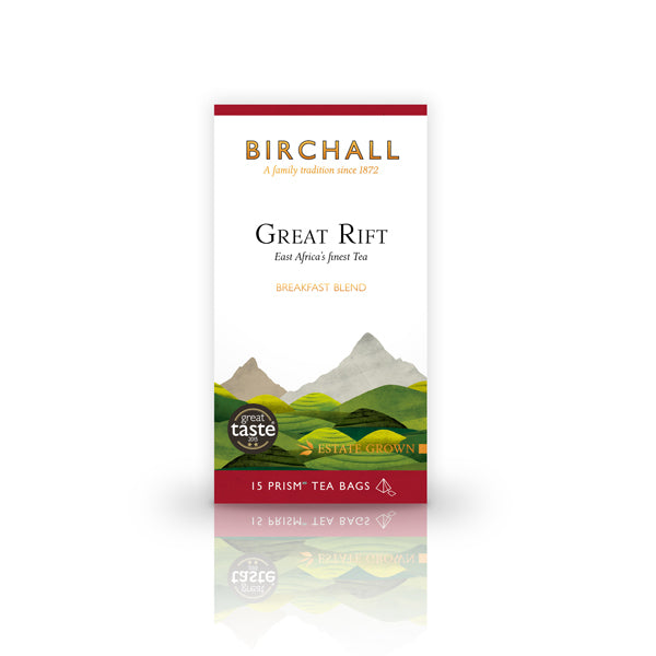 Front view of cardboard box of 15 Birchall Great Rift prism tea bags. Green hill graphics with red band, East Africa’s finest tea , breakfast blend, great taste winner 2015