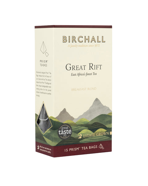 Side view of cardboard box of 15 Birchall Great Rift prism tea bags. Green hill graphics with red band, East Africa’s finest tea , breakfast blend, great taste winner 2015