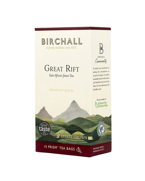 Right side view of cardboard box of 15 Birchall Great Rift prism tea bags. Green hill graphics with red band, East Africa’s finest tea , breakfast blend, great taste winner 2015