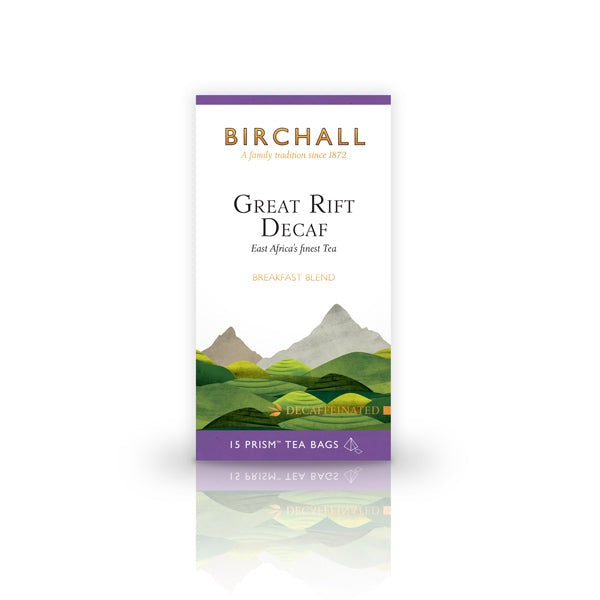 Front view of cardboard box of 15 Birchall Great Rift Decaf prism tea bags. Green hill graphics with purple band, East Africa’s finest tea, breakfast blend. Decaffeinated.